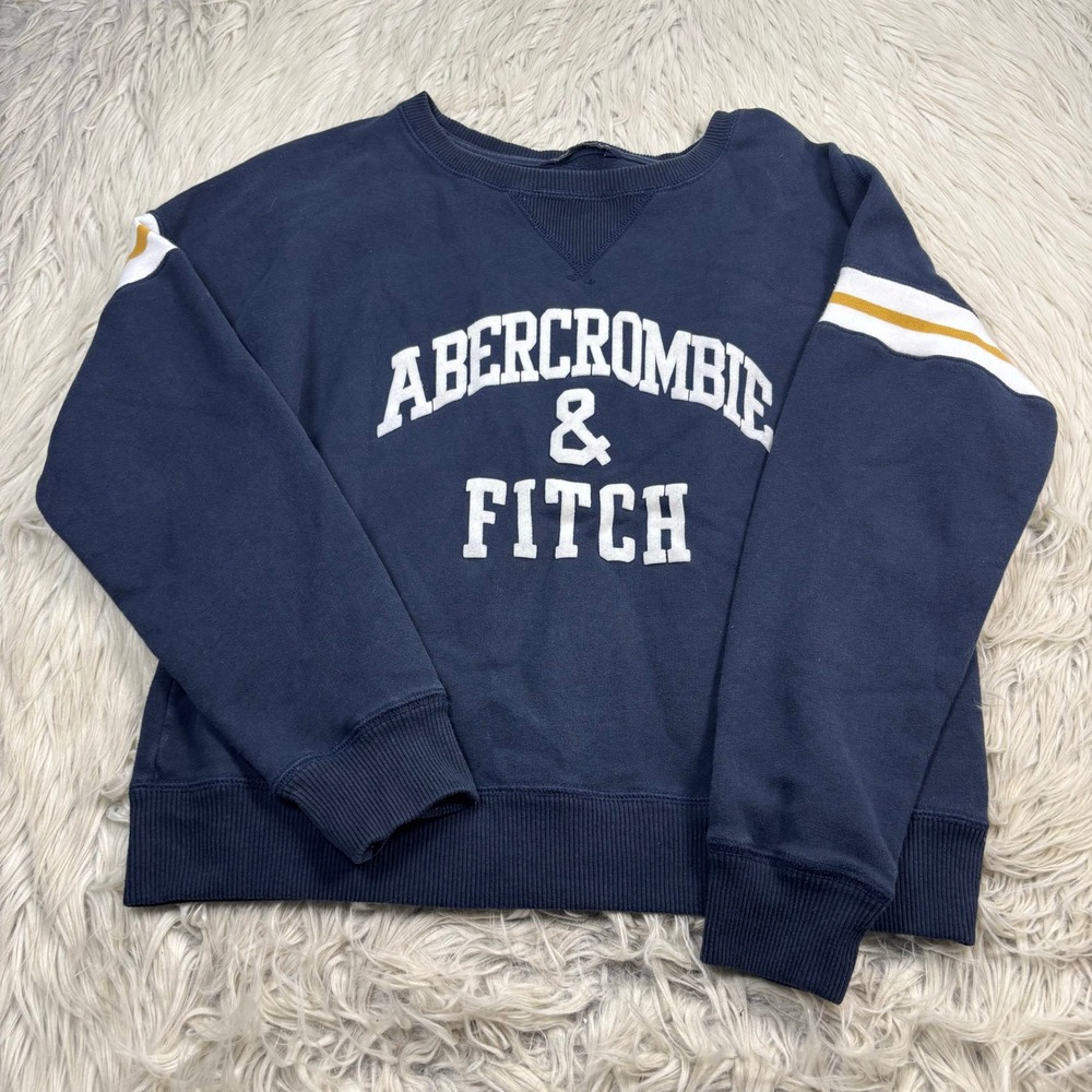 Abercrombie & Fitch Women's S Navy Varsity Stripe Flocked Logo Sweatshirt Preppy
